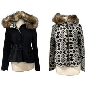 BB Dakota Black & Ivory Reversible Aztec Pattern Jacket with Faux Fur Hood